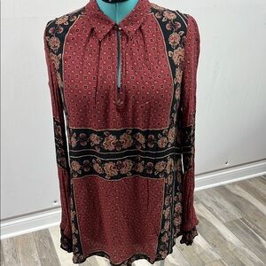 Free People Red and Black Long Sleeve Blouse with Peter Pan Collar